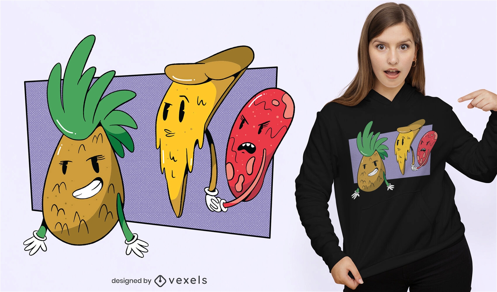 Ananas mit Pizza- und Peperoni-T-Shirt-Design