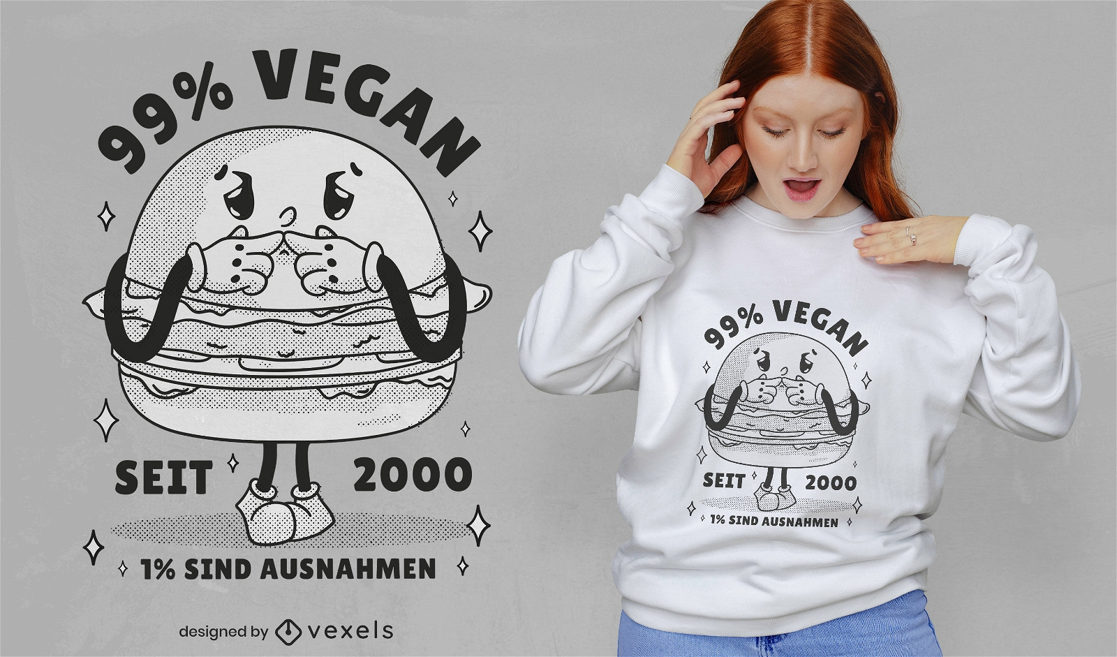 Diseño de camiseta de comida de dibujos animados de hamburguesa vegana