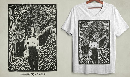 Garota andando no design de camiseta da floresta mágica