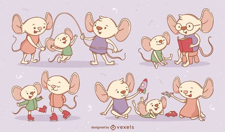 Familia de animales ratones jugando lindo conjunto