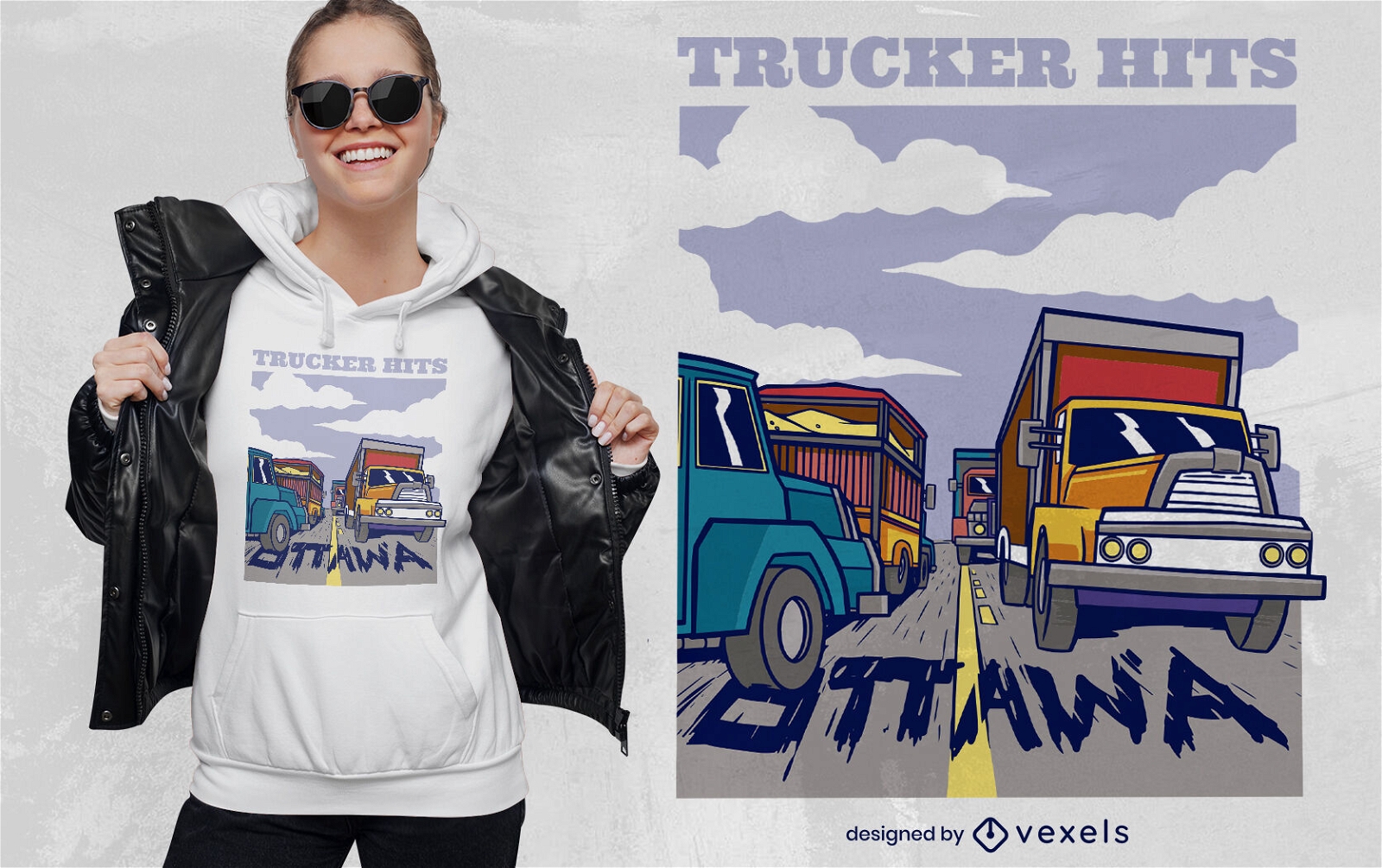 Camiones y autos en diseño de camiseta de carretera.