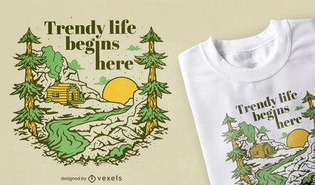 Cabaña en el diseño de camiseta de la naturaleza del bosque.