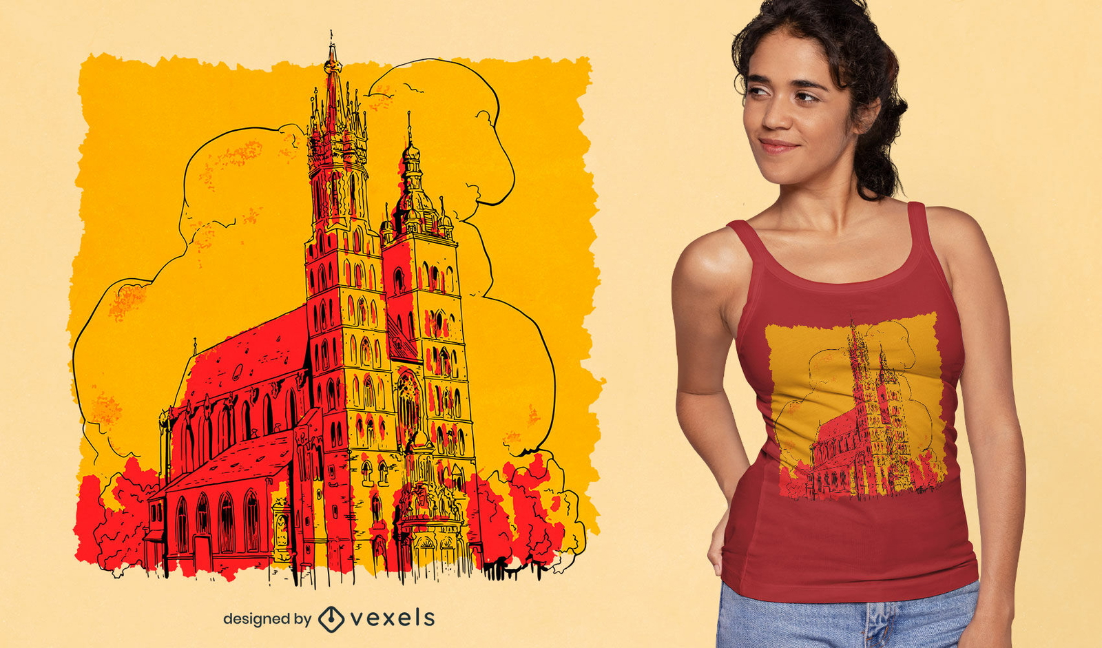 Design de camiseta de paisagem de prédio de igreja