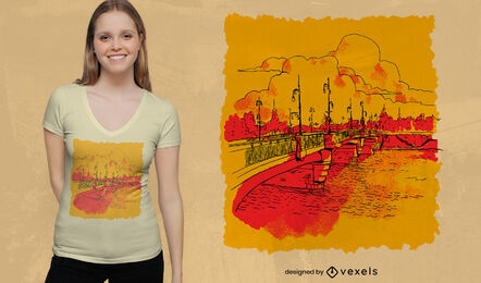 Puente sobre el diseño de la camiseta del paisaje del océano.