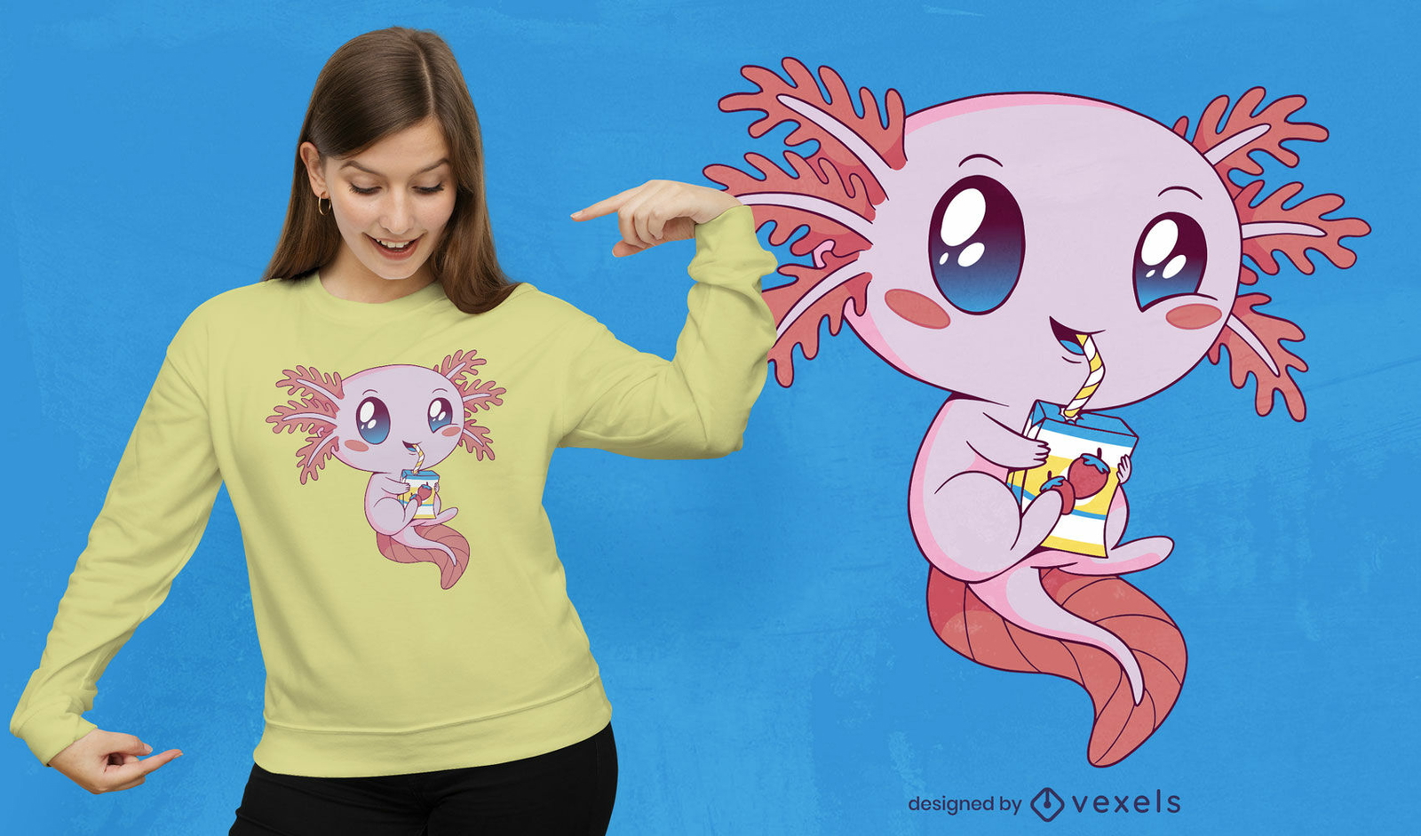 Axolotl bebiendo diseño de camiseta de leche de fresa.