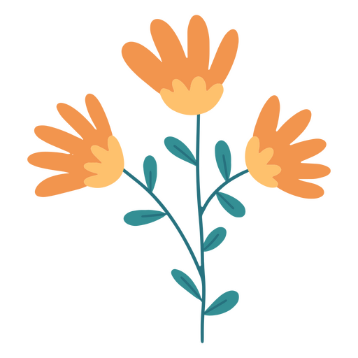 Flores planas de color naranja vivo. Diseño PNG