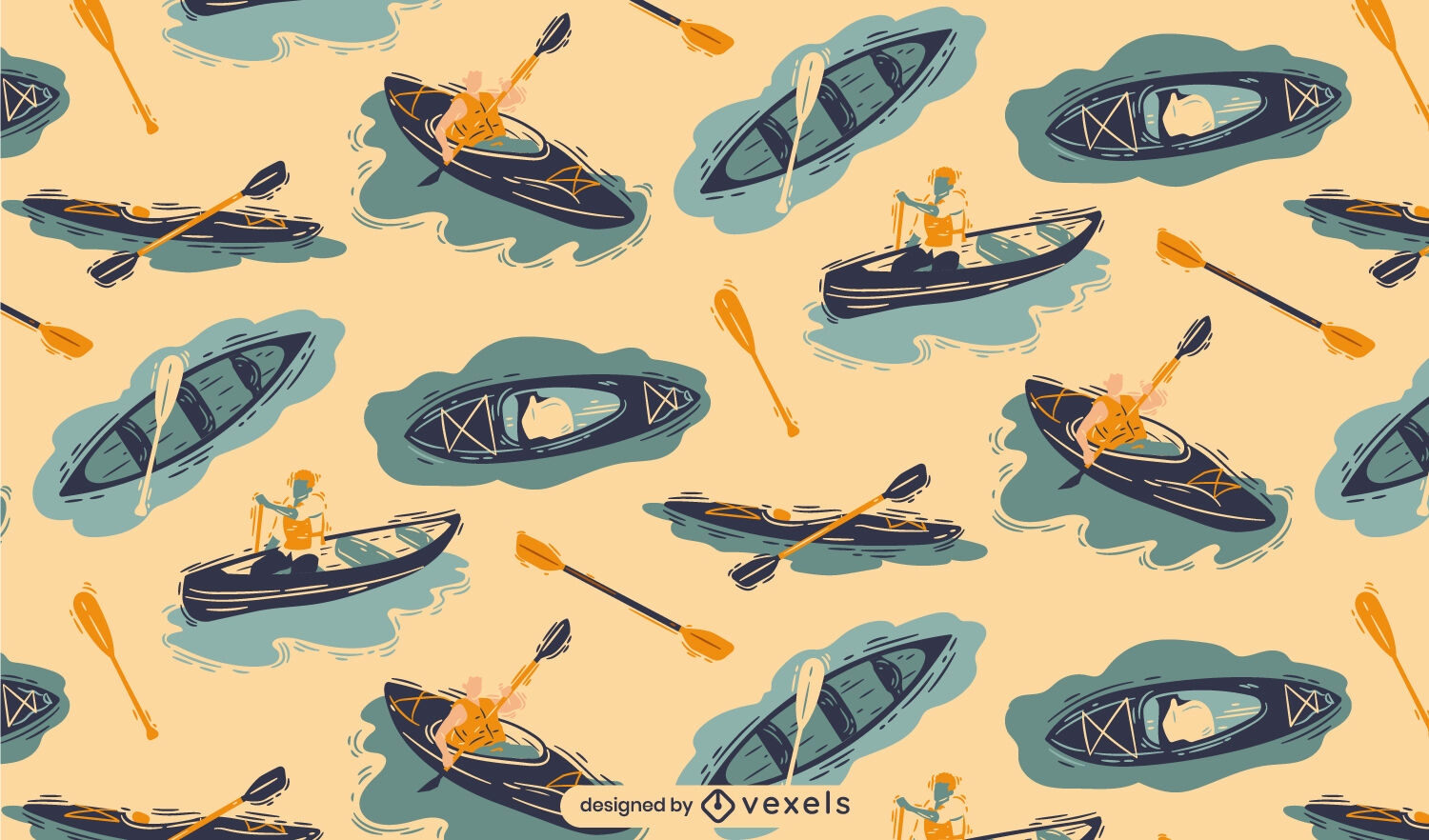 Canoa y kayak en diseño de patrón de lago