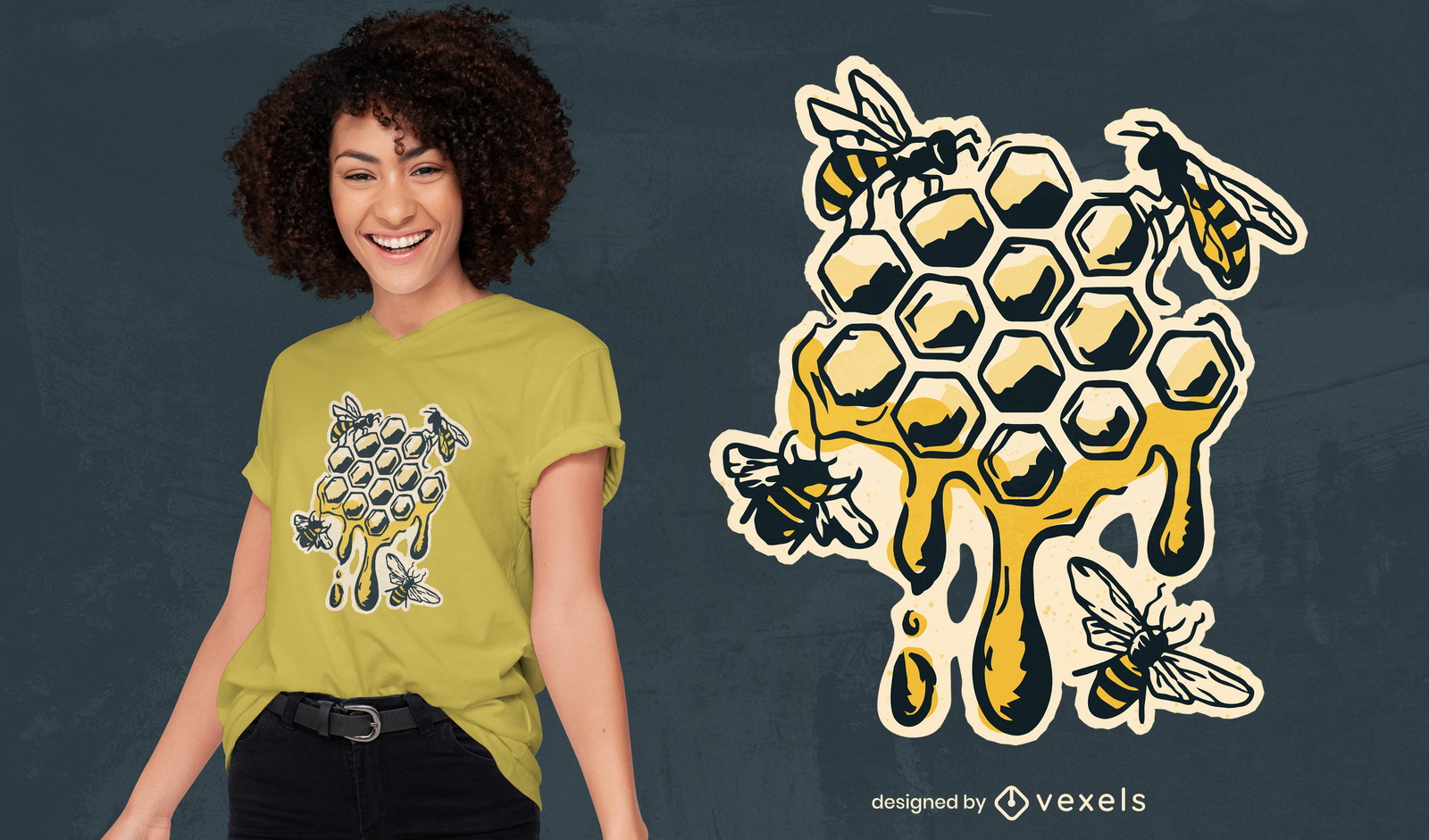 Diseño de camiseta de animales de abeja en panal de miel.