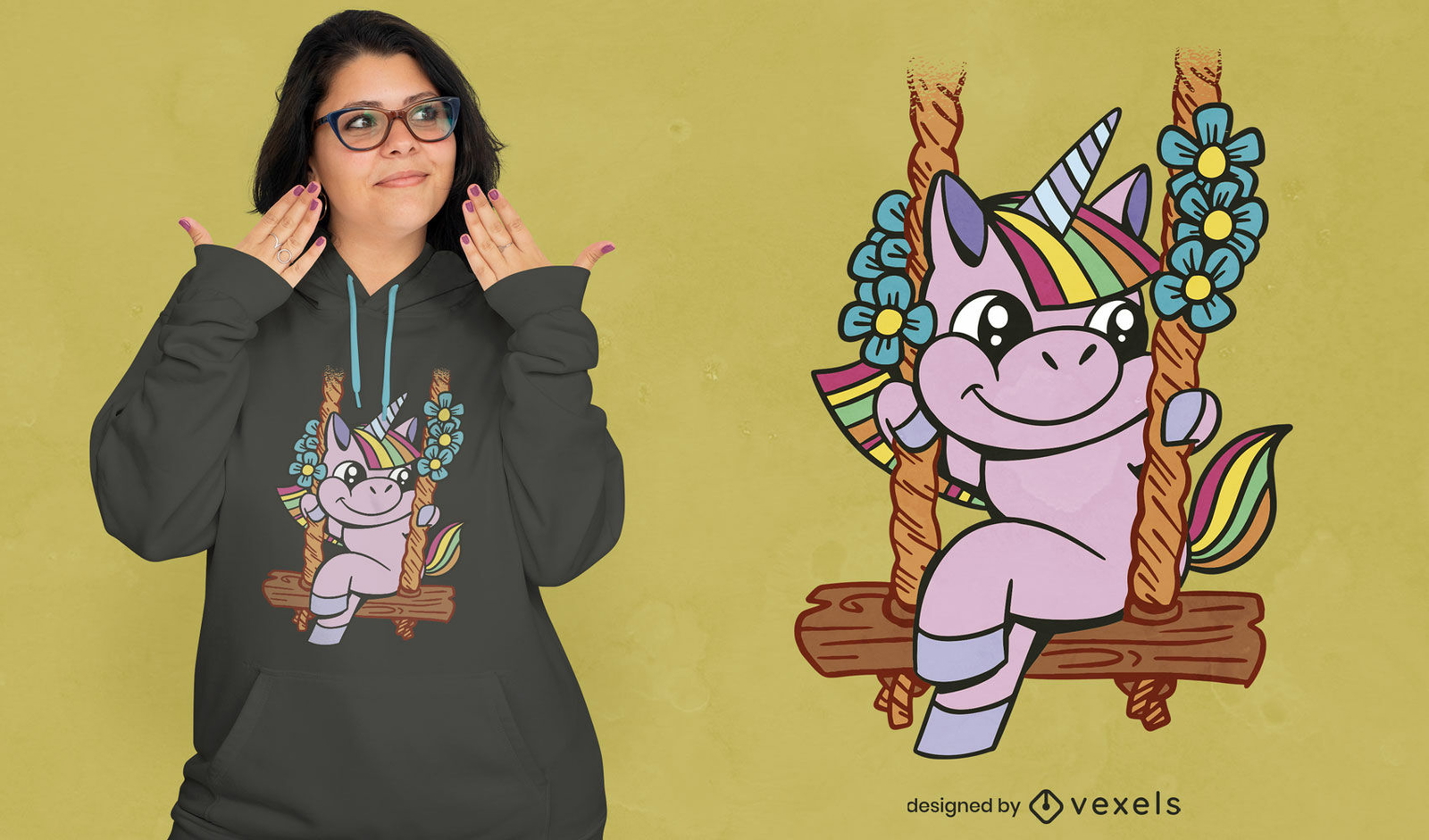 Diseño de camiseta de criatura unicornio en columpio