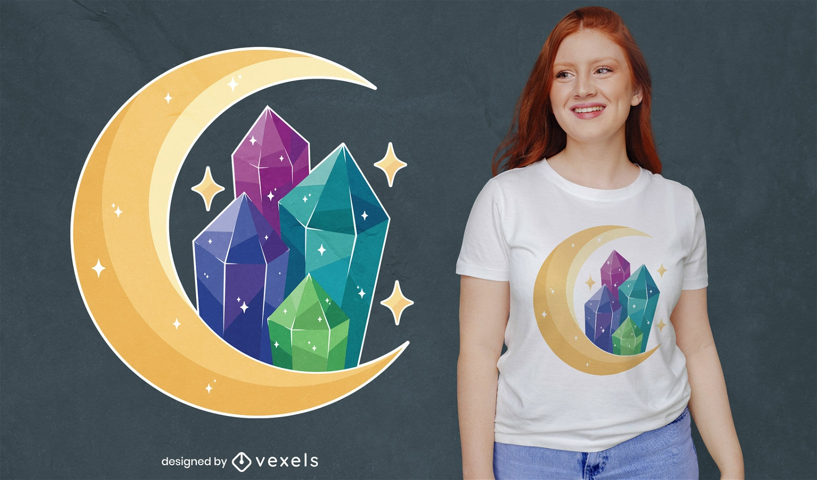 Diseño de camiseta mágica luna y cristales.