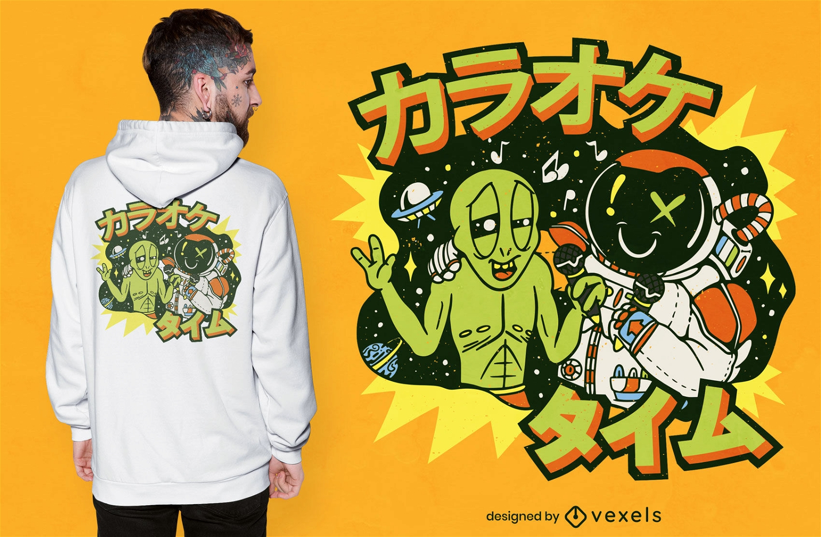 Design de camiseta de karaokê de astronauta e alienígena