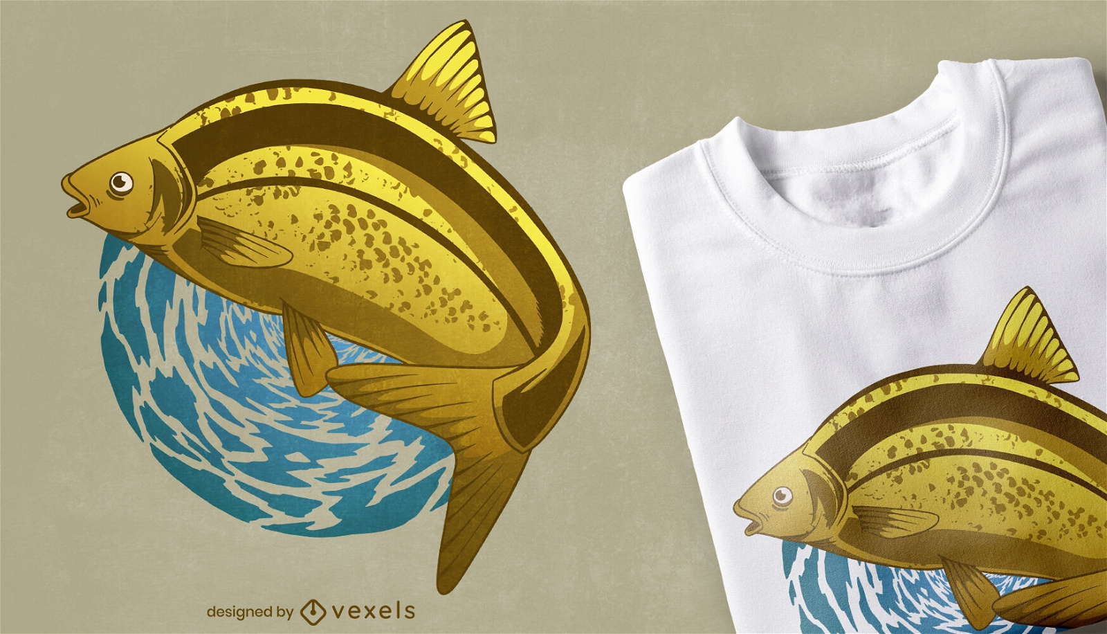 Dise?o de camiseta de pez dorado saltando fuera del agua.