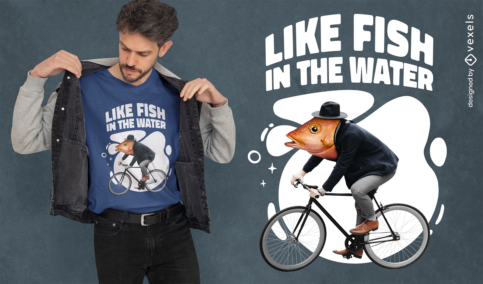 Diseño de camiseta de hombre pez montando bicicleta
