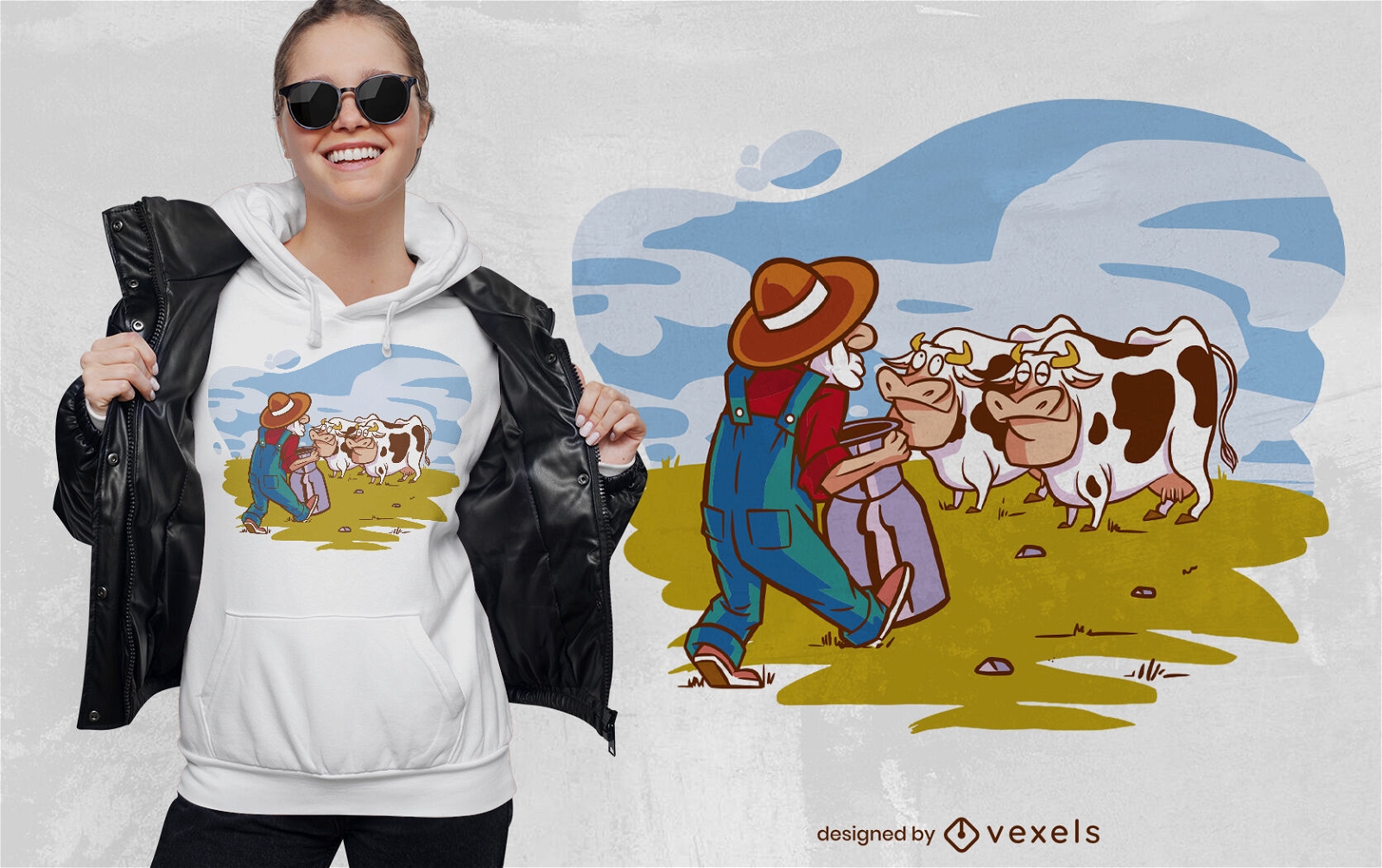 Design de t-shirt de desenho animado de agricultor e vacas