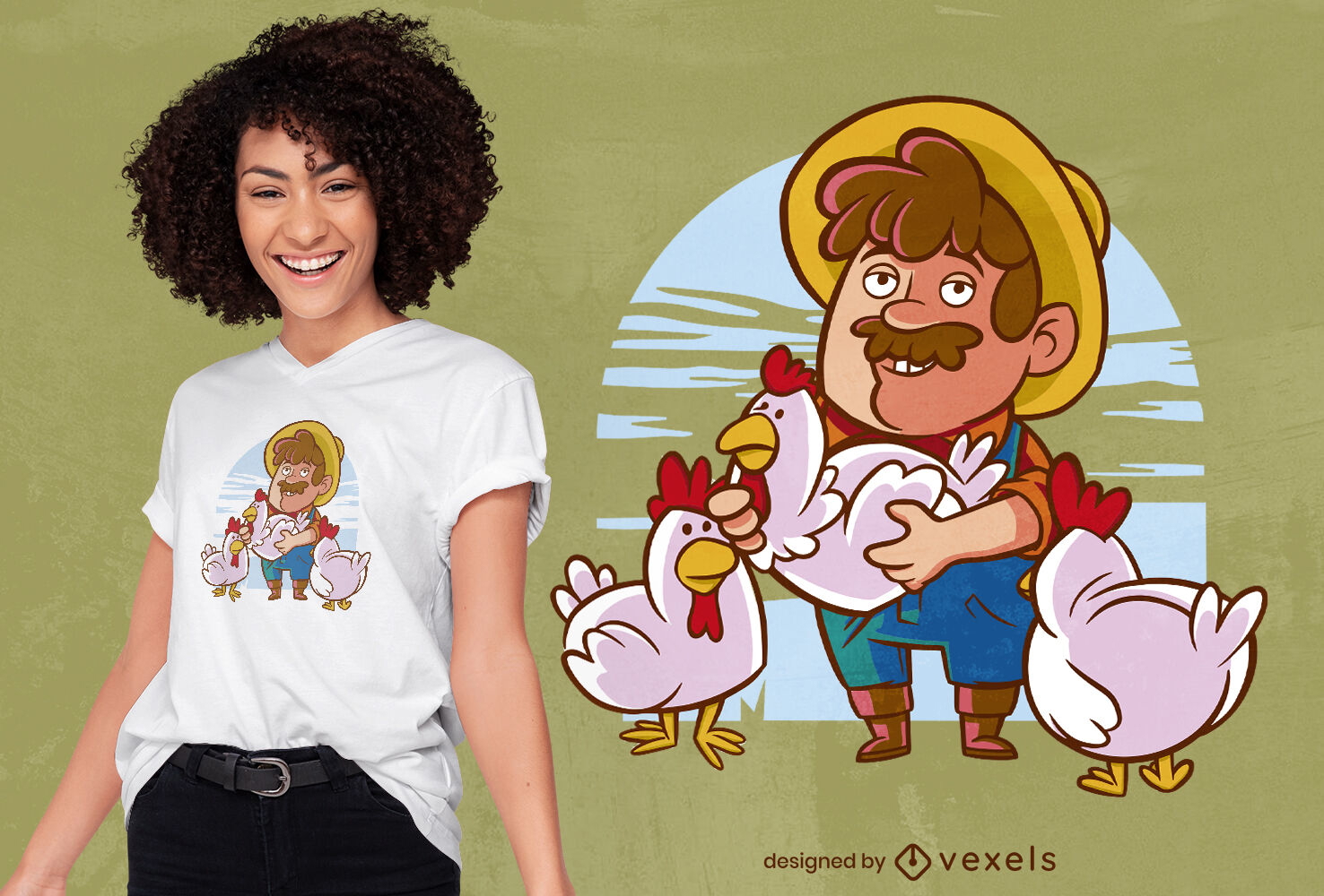 Diseño de camiseta de granjero y pollo.