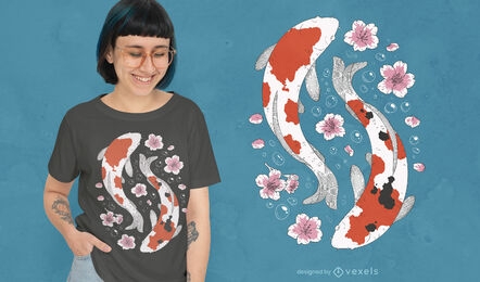 Koi-Fische und Blumen-T-Shirt-Design
