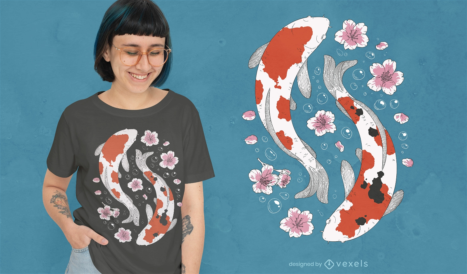 Design de camiseta de peixes e flores Koi
