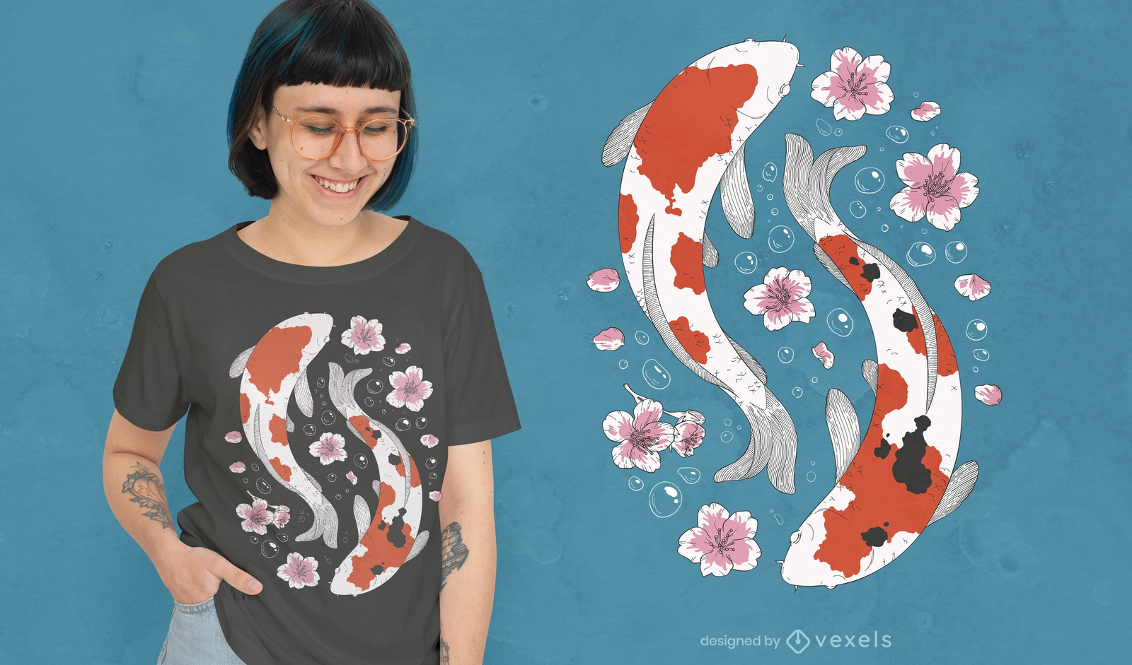 Diseño de camiseta de peces koi y flores.