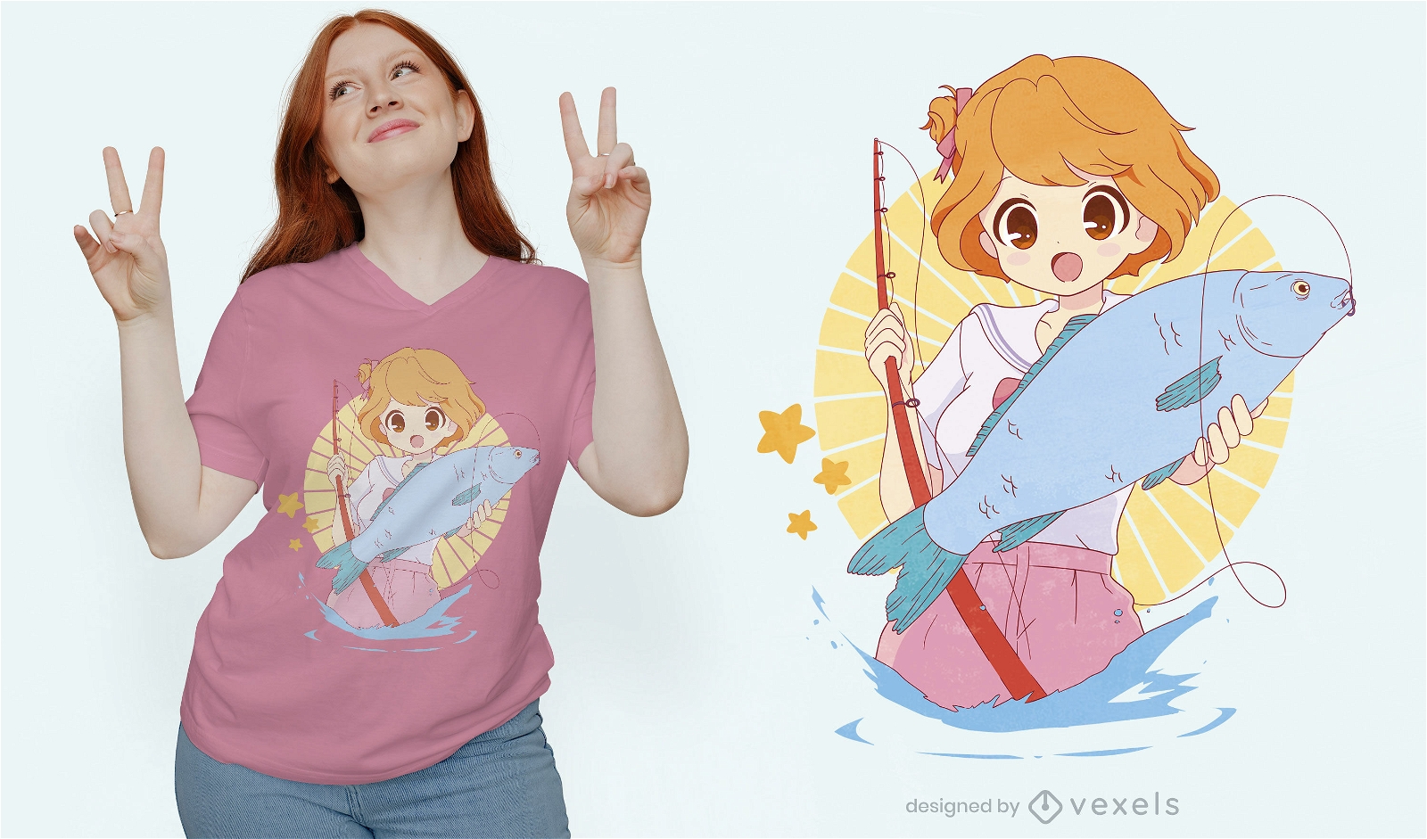 Diseño lindo de camiseta de pesca de chica anime
