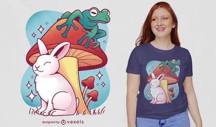 Conejo y rana en diseño de camiseta de setas.