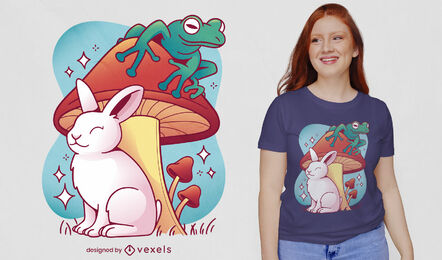 Kaninchen und Frosch im Pilz-T-Shirt-Design