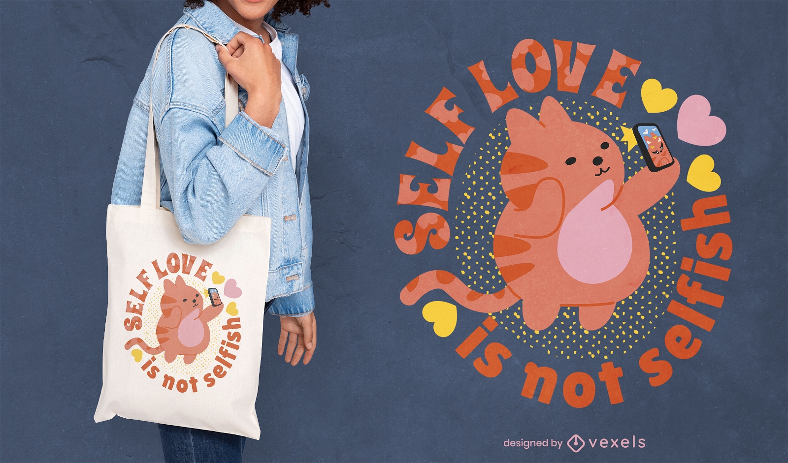 Self love selfie cat tote bag design