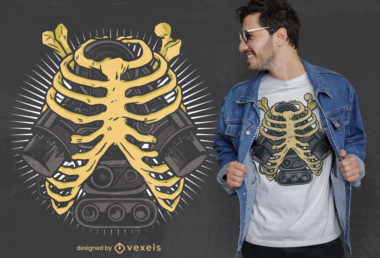 Diseño de camiseta de esqueleto y motor de coche.