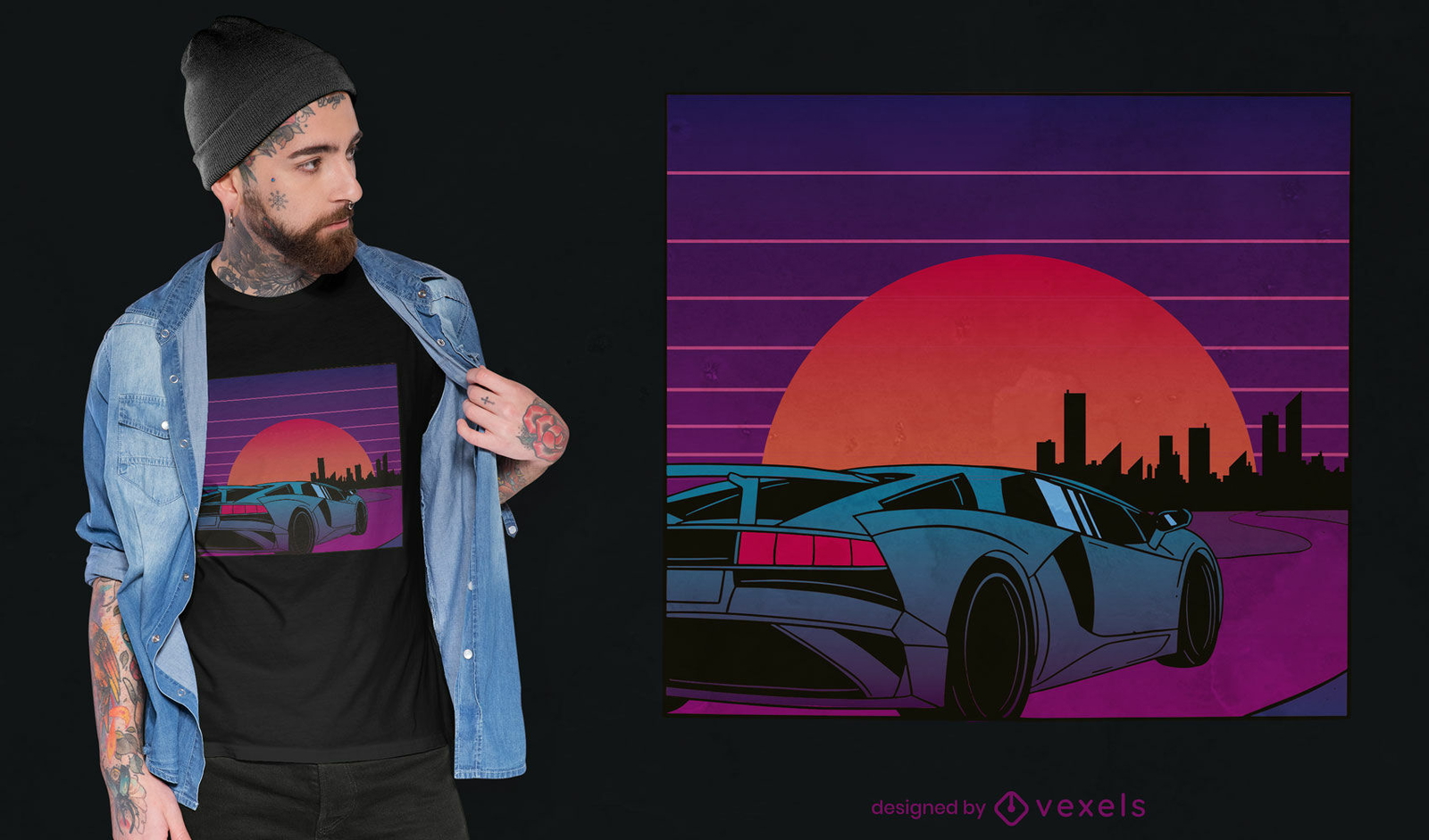 Diseño de camiseta de coche de la ciudad de vaporwave.