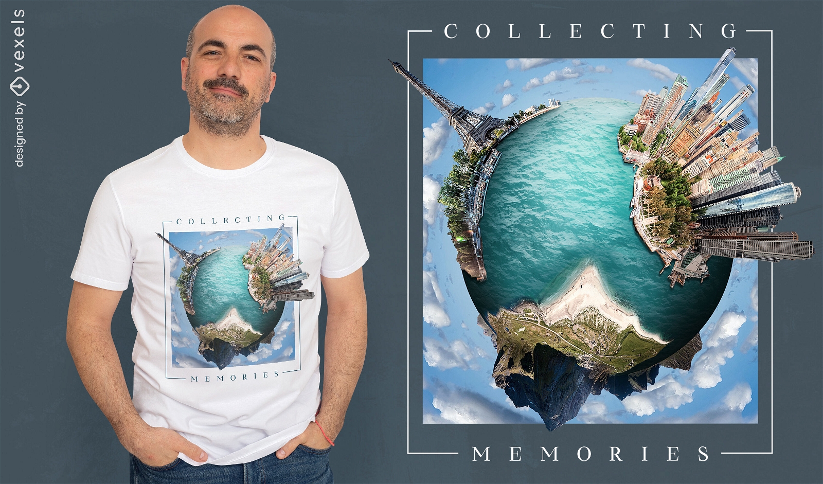 Diseño de psd de camiseta de viaje mundial de ojo de pez