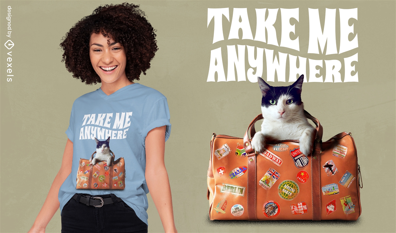 Design de psd de camiseta de gato de mala de viagem