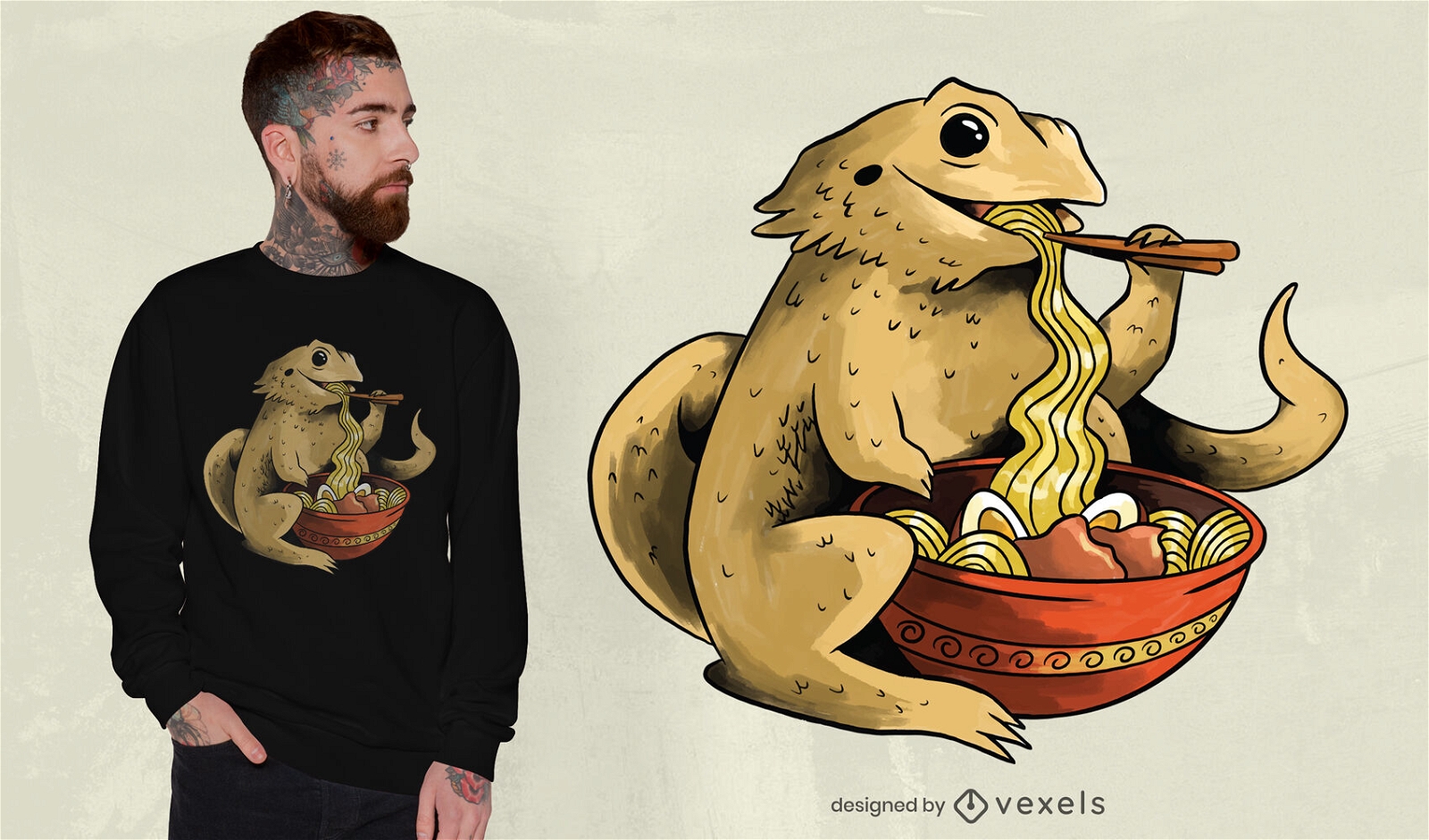 Design de camiseta de dragão barbudo comendo ramen