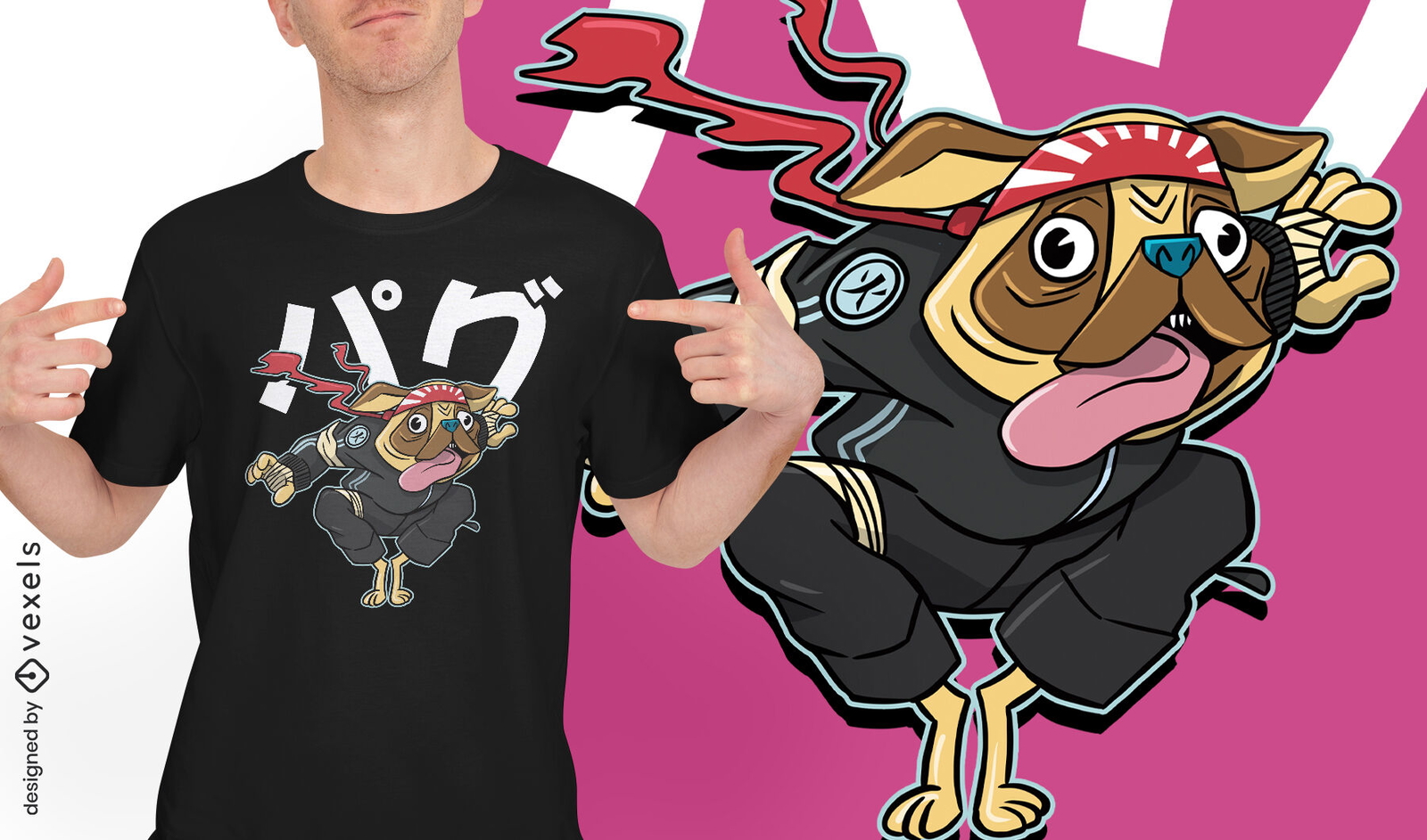 Diseño de camiseta samurai de perro pug tonto