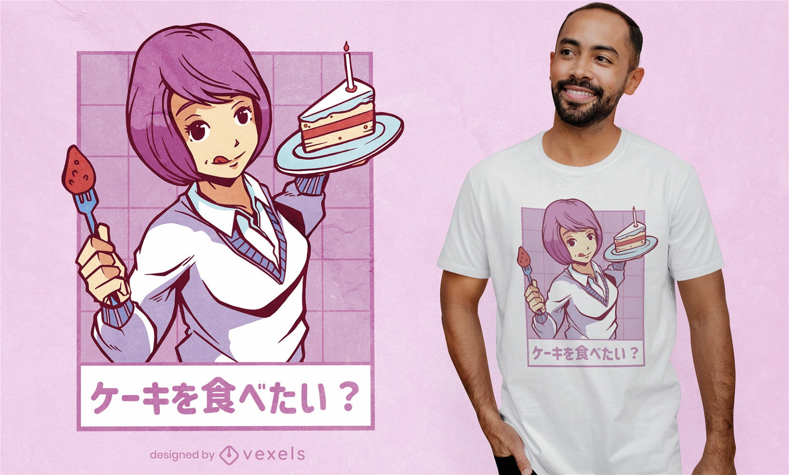 Diseño de camiseta de chica anime de pastel de fresa