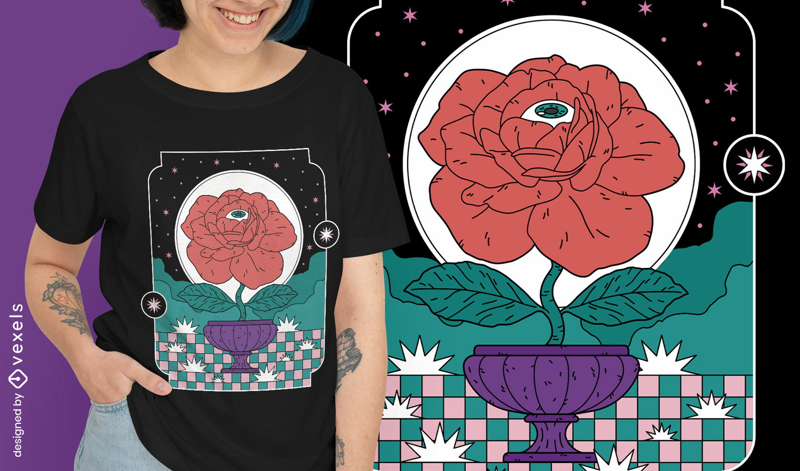 Diseño de camiseta de rosa con un ojo.