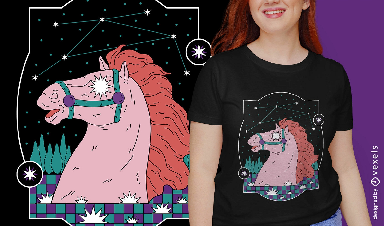 Design de camiseta de cavalo de constelações místicas