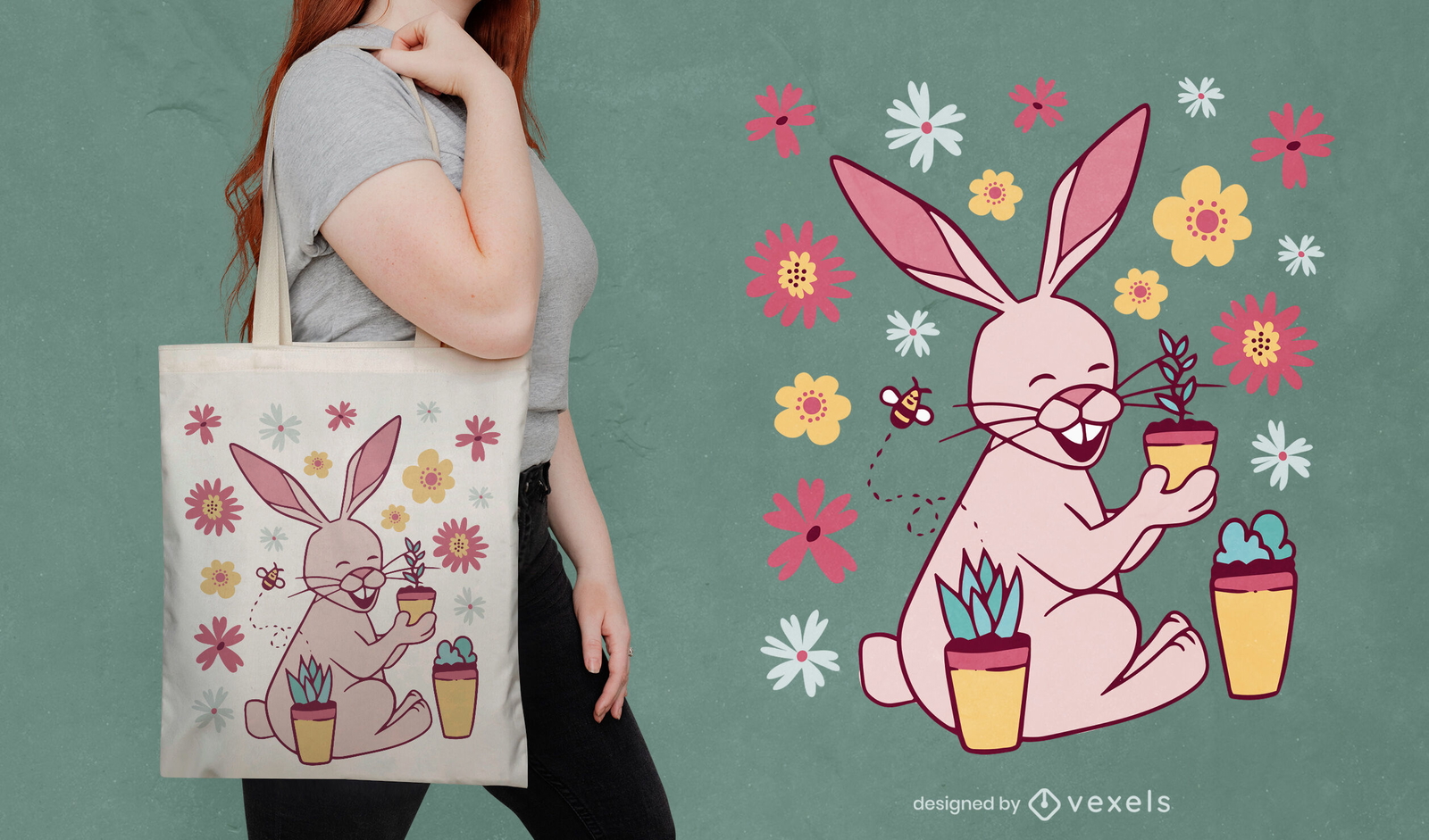 Diseño de bolso tote conejo con flores