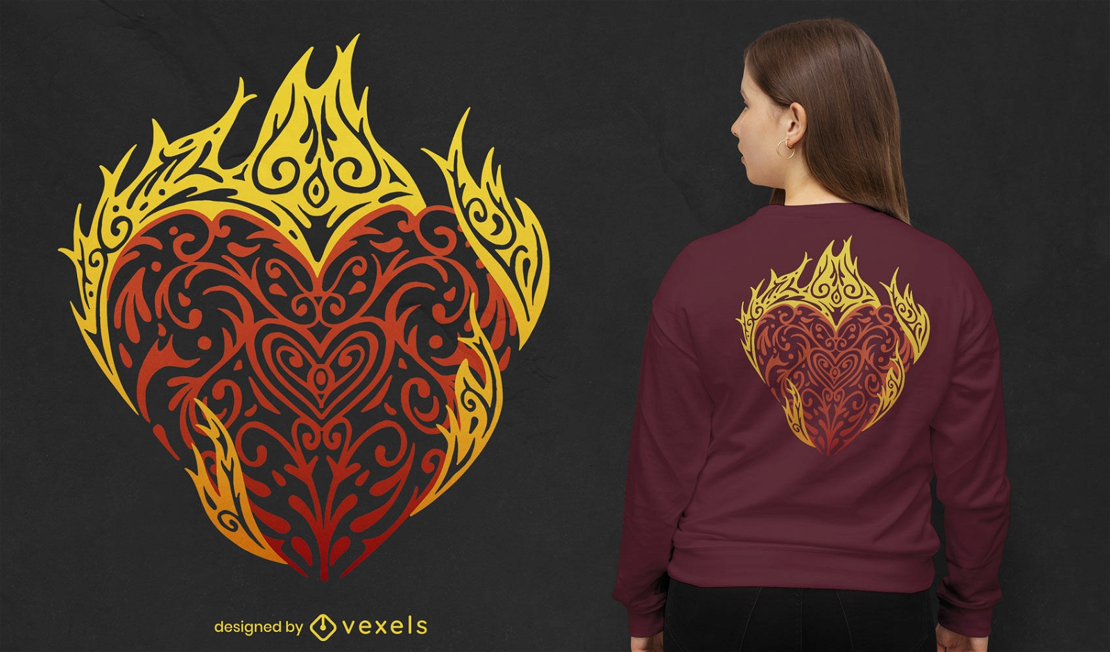 Tribal-T-Shirt-Design mit flammendem Herz