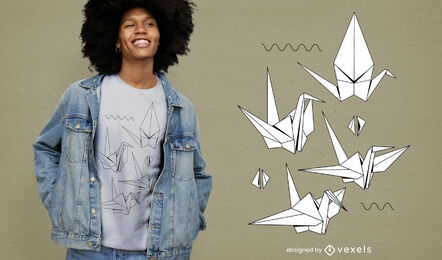 Diseño de camiseta de pájaros de origami.