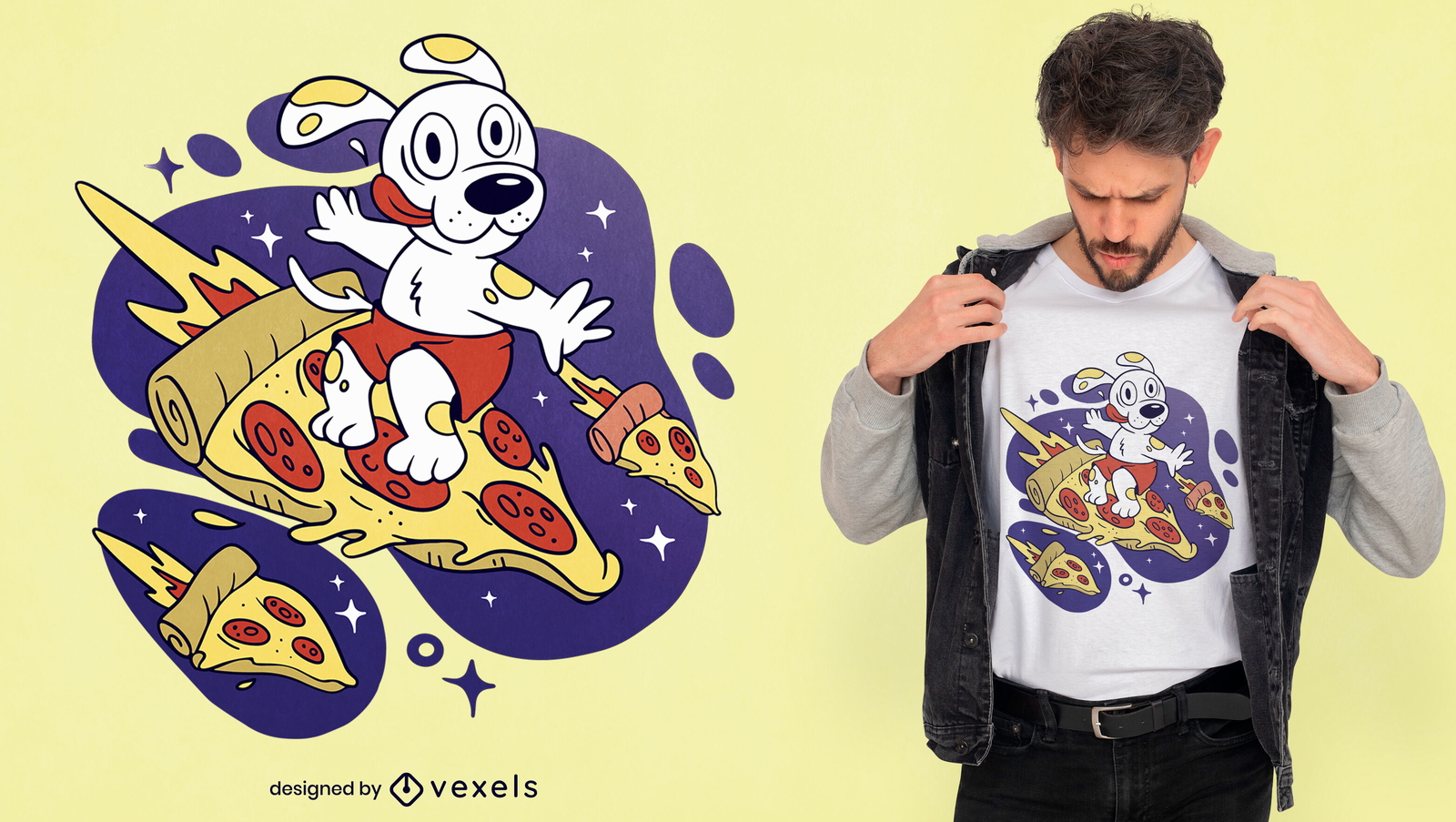 Diseño de camiseta de perro de pizza de surf