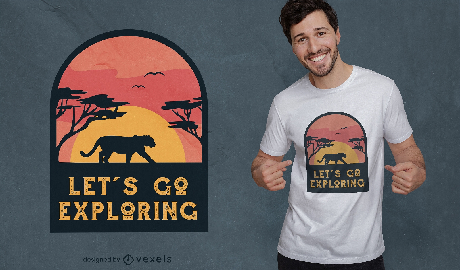 Diseño de camiseta de paisaje al atardecer safari