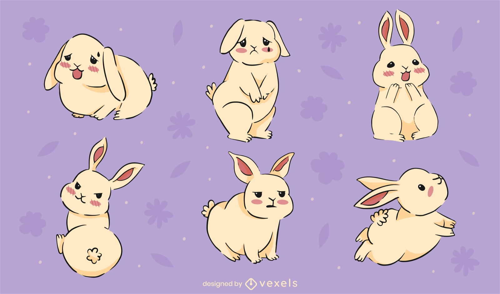 Cute bunny emotions characters set
