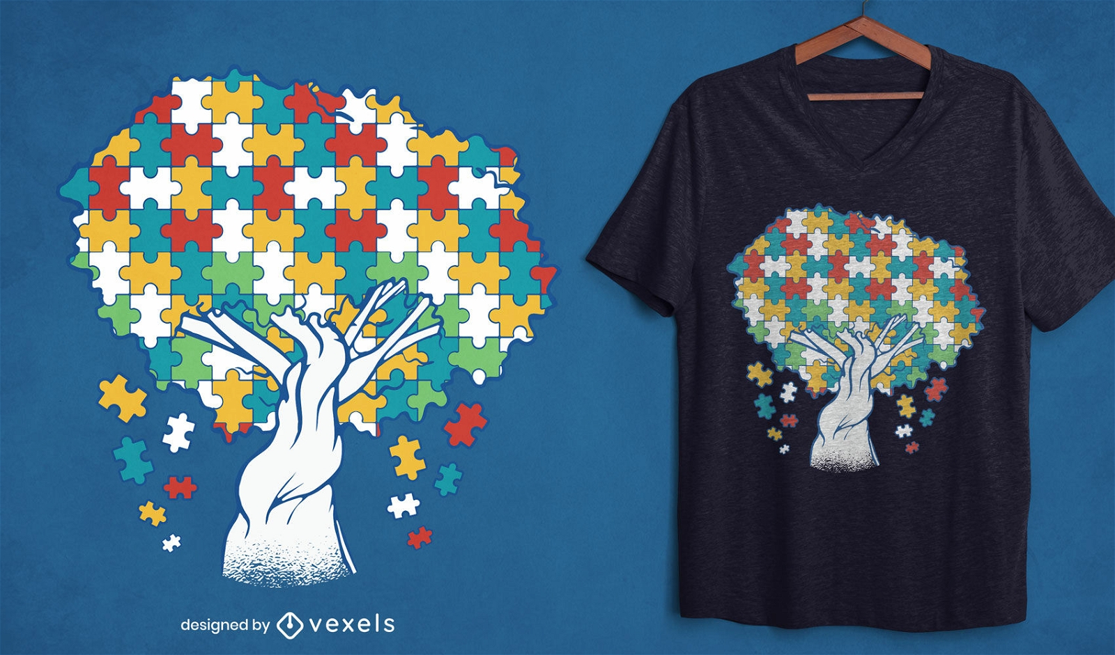 Design de camiseta de árvore de quebra-cabeça colorida