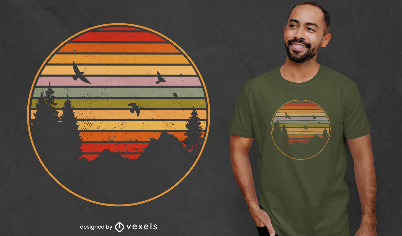 Pôr do sol retrô sobre a floresta com design de camiseta de pássaros