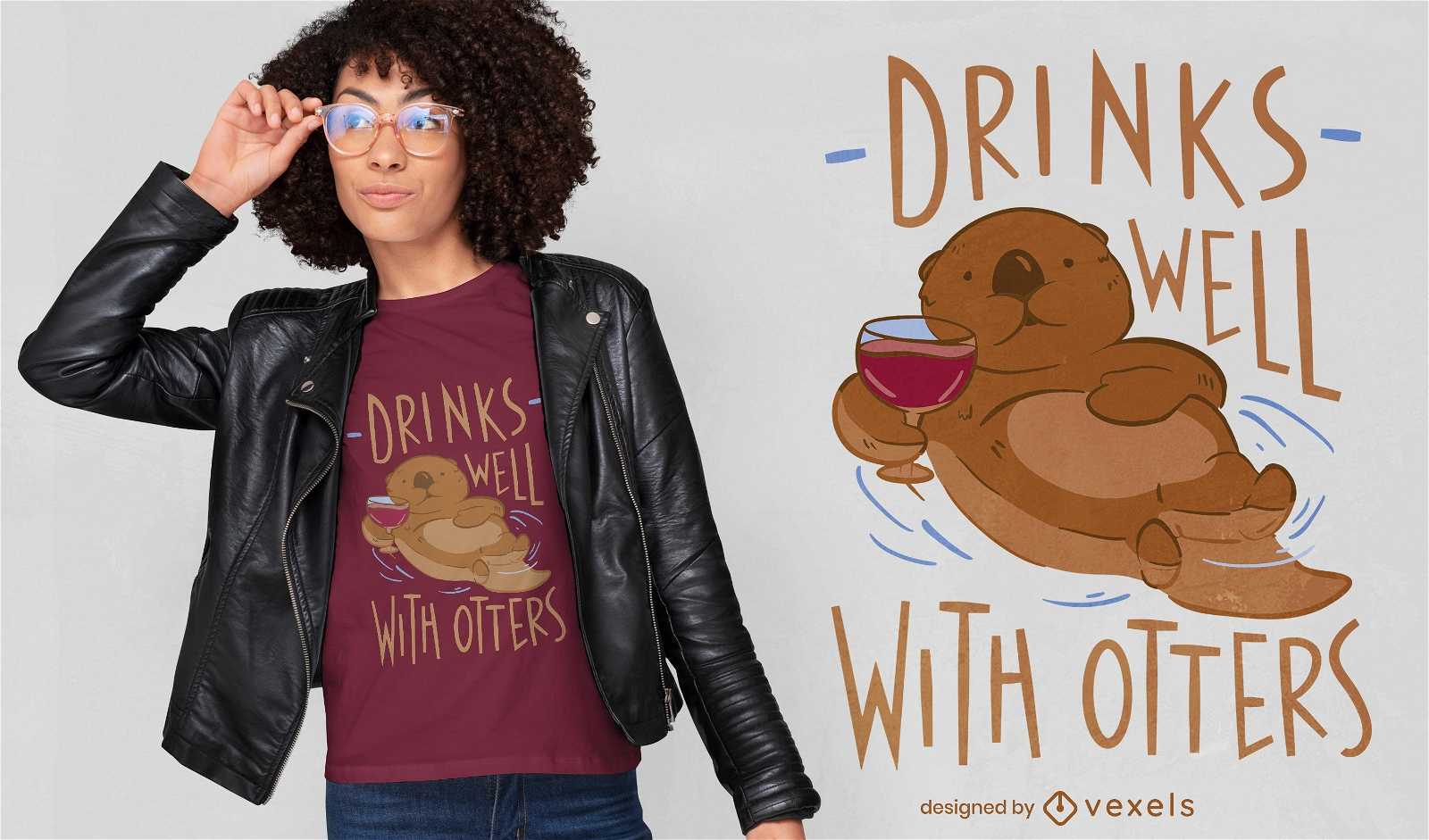 Dise?o de camiseta de nutria animal bebiendo vino.