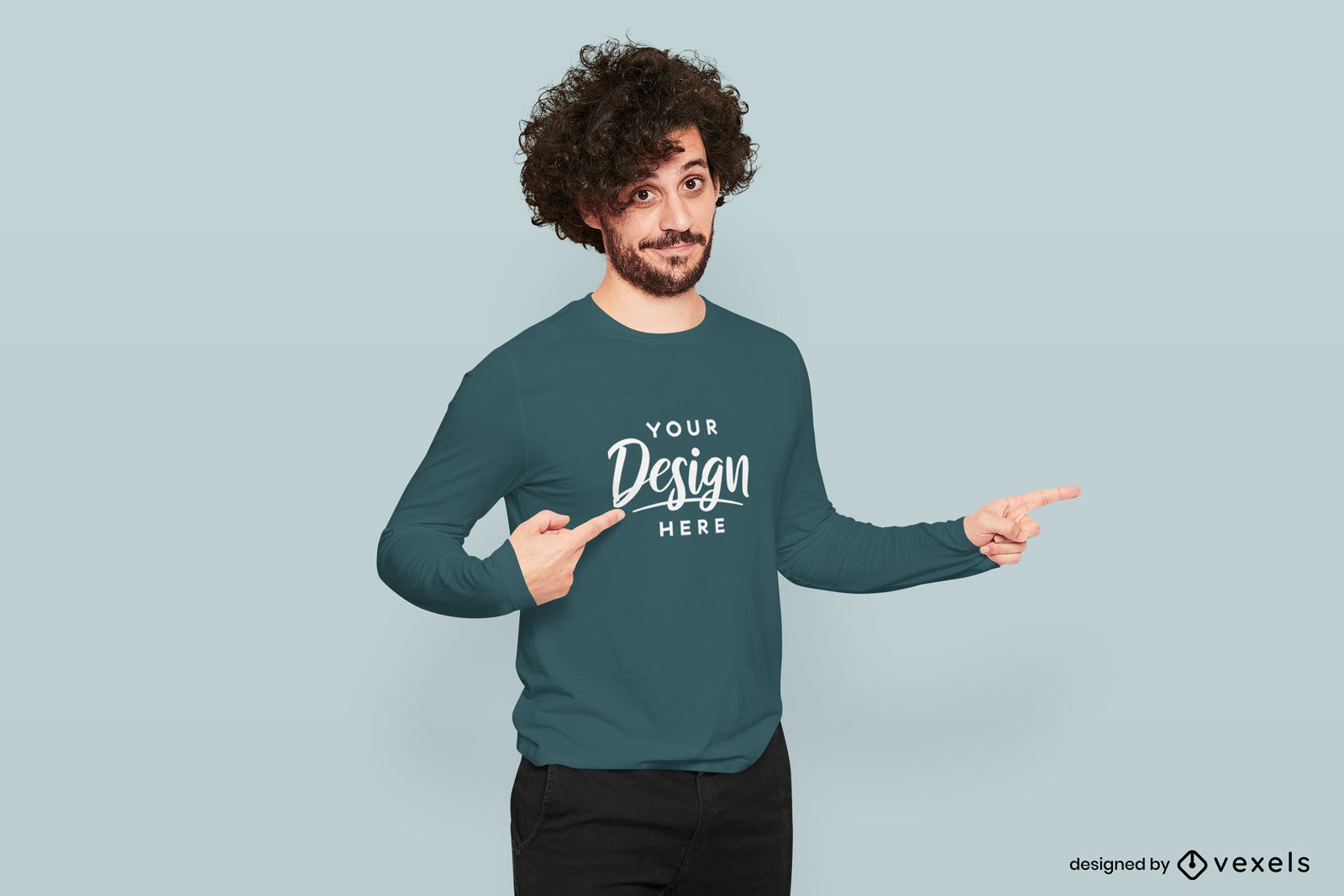 Curly Male Model Long Sleeve T-shirt Mockup PSD Editable Template