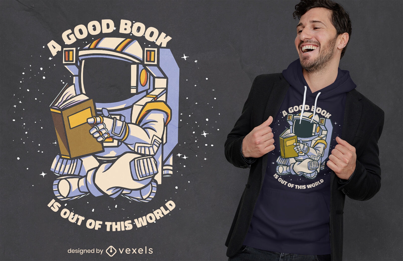 Libro de lectura de astronauta en diseño de camiseta espacial.