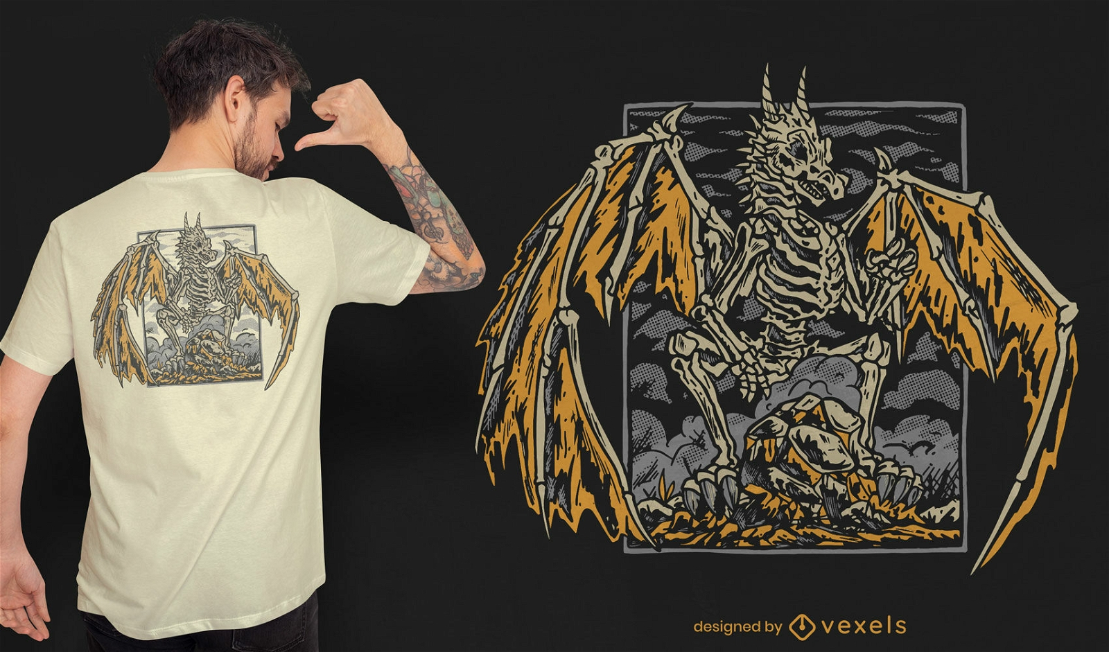 Diseño de camiseta de criatura dragón esqueleto