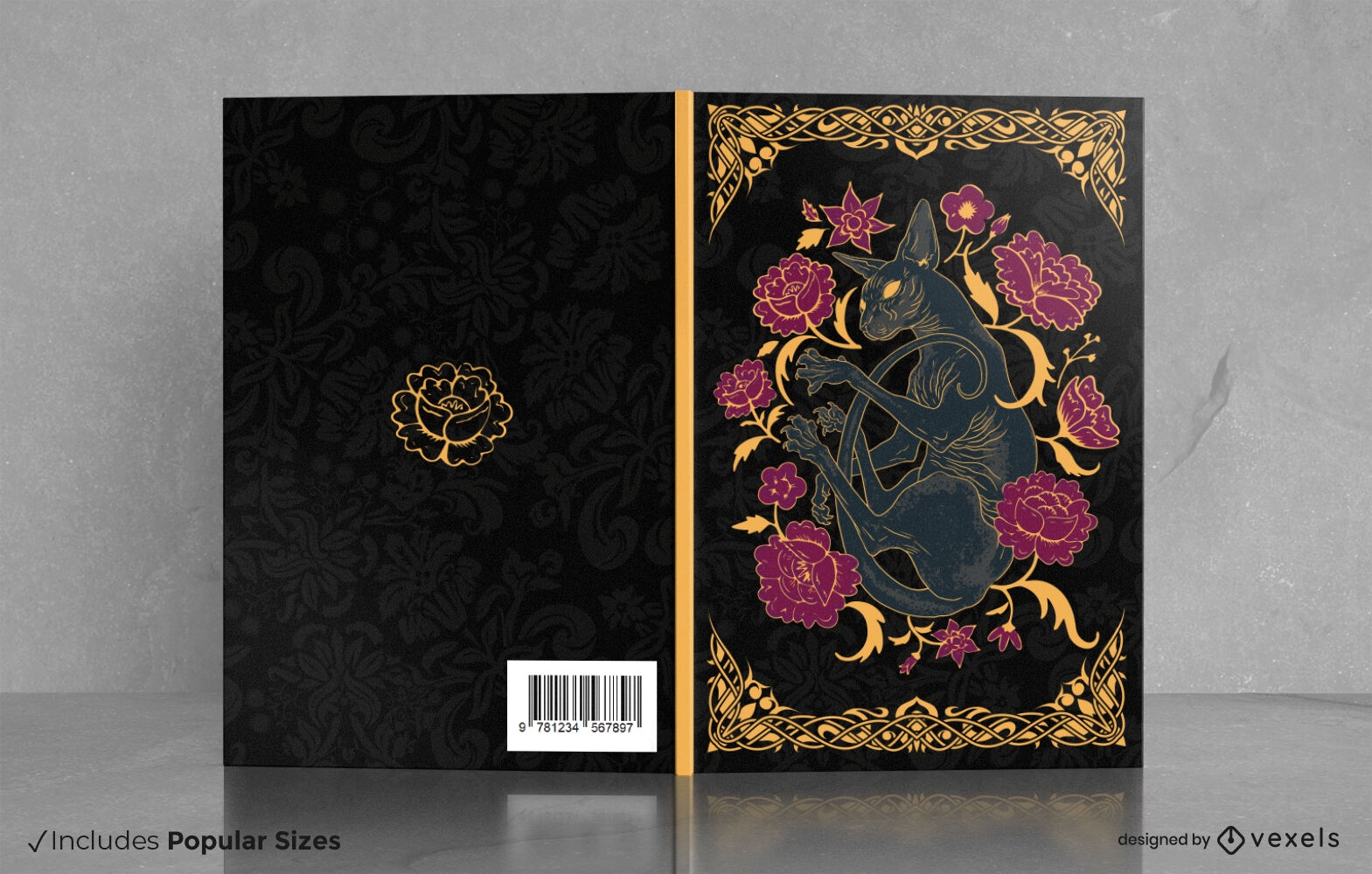 Gato preto com design de capa de livro de flores