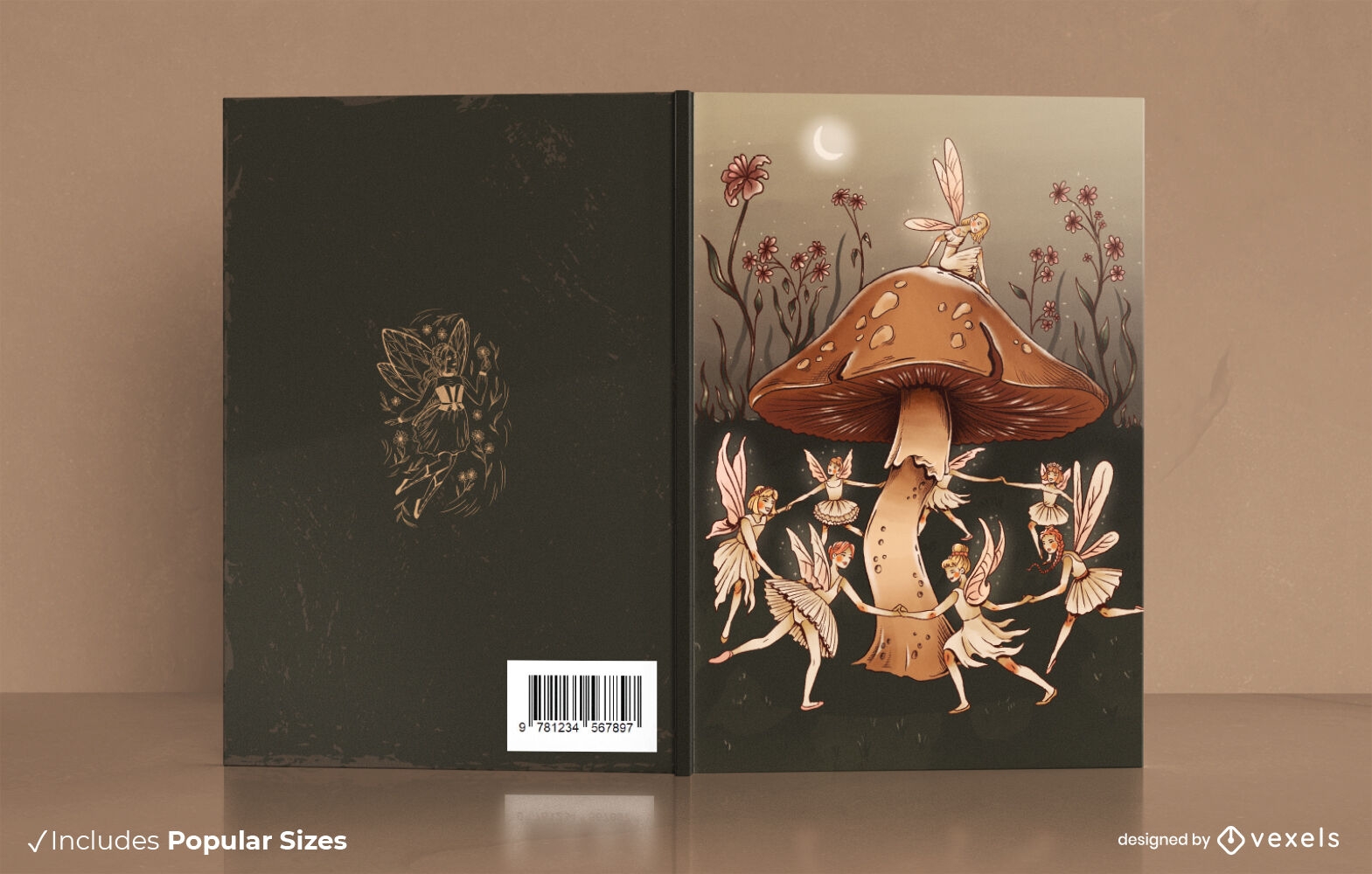 Fadas dançando em torno do design da capa do livro de cogumelos