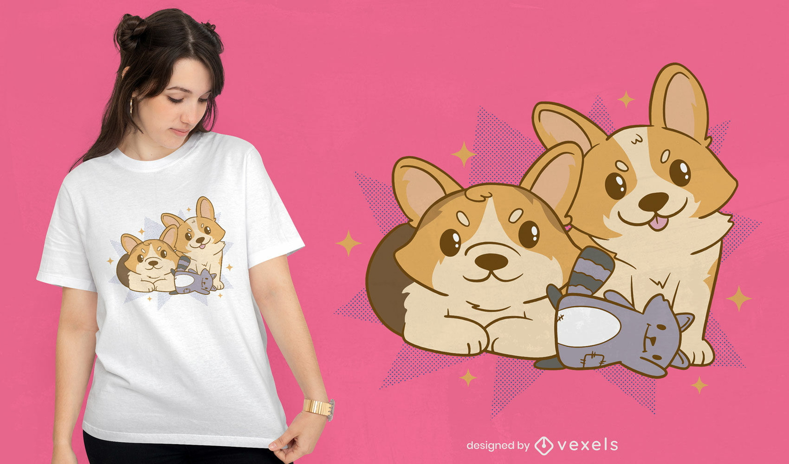 Cães corgi com design de camiseta de guaxinim